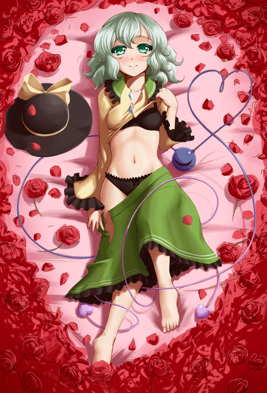 1girl bed_of_roses bed_sheet black_bra black_panties bra clothes_lift clothes_pull collarbone eyeball female_focus flower green_eyes green_hair hat unworn_hat hat_ribbon unworn_headwear heart heart_of_string highres komeiji_koishi lying mazume midriff navel on_back open_clothes open_skirt panties petals red_flower red_rose ribbon rose rose_petals shirt_lift skirt skirt_pull third_eye touhou underwear