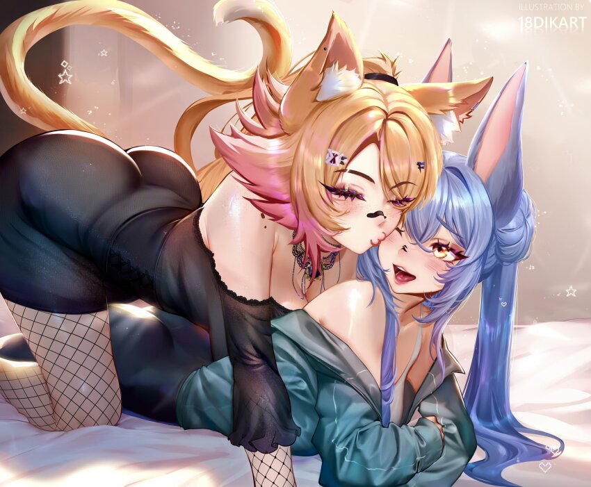 18dikart 2girls animal_ear_fluff animal_ears artist_name ass bandaid bandaid_on_face bandaid_on_nose bipsygg black_dress blonde_hair blue_hair breasts cat_ears cat_girl cat_tail closed_eyes colored_tips dress fishnet_pantyhose fishnets heart highres indie_virtual_youtuber kiss kissing_cheek long_hair multicolored_hair multiple_girls obkatiekat one_eye_closed open_mouth pantyhose pink_hair star_(symbol) tail virtual_youtuber yellow_eyes yuri