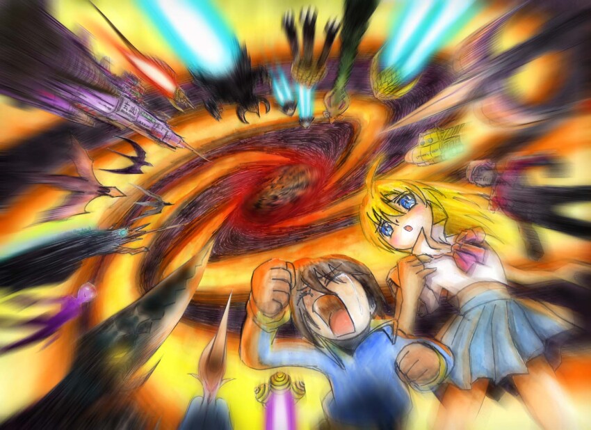 1boy 1girl barugon blonde_hair blue_eyes blue_fire bow bowtie brown_hair closed_eyes concept_art crab crest crying cut_content energy energy_beam exhaust fang_ru_(gamera) fire flippers flying gamera gamera_(series) garasharp giant giant_monster glowing glowing_eyes green_eyes guiron gyaos highres horns jiger kadokawa kaiju long_tongue marukobukarappa monster no_pupils official_art red_eyes red_fire shuriken sketch skirt spacecraft spinning submarine sword tail talons tears tongue tongue_out turtle turtle_shell tusks ufo unmade_project viras viras_ufo watercraft weapon wings yellow_eyes yonetani_yoshitomo zanon zigra