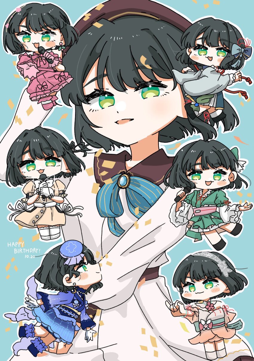 1girl :3 :d alternate_color aoku_haruka aoku_haruka/flower arm_up beret black_hair black_ribbon bloom_the_smile_bloom_the_dream! blue_background blue_hat blue_kimono blue_skirt blunt_bangs blunt_ends blush blush_stickers bow bowtie brown_hat chibi chibi_inset closed_mouth commentary dated dream_believers dress earrings flower flower_knot gloves gradient_clothes gradient_dress green_eyes grey_bow hair_bow hair_flower hair_ornament hair_ribbon hairband happy_birthday hat highres holding holding_microphone japanese_clothes jewelry kimono lace_hairband link!_like!_love_live! long_sleeves looking_at_viewer love_live! microphone mini_hat momose_ginko official_alternate_costume open_mouth orange_dress outline pink_dress pink_gloves pinky_out profile puffy_short_sleeves puffy_sleeves puripuri_hurai reflection_in_the_mirror_(love_live!) ribbon seiran_no_koi_nagashi_(love_live!) short_hair short_sleeves skirt smile symbol-only_commentary tilted_headwear tsukuyomi_kurage v-shaped_eyebrows virtual_youtuber white_bow white_bowtie white_dress white_hairband white_outline yellow_dress