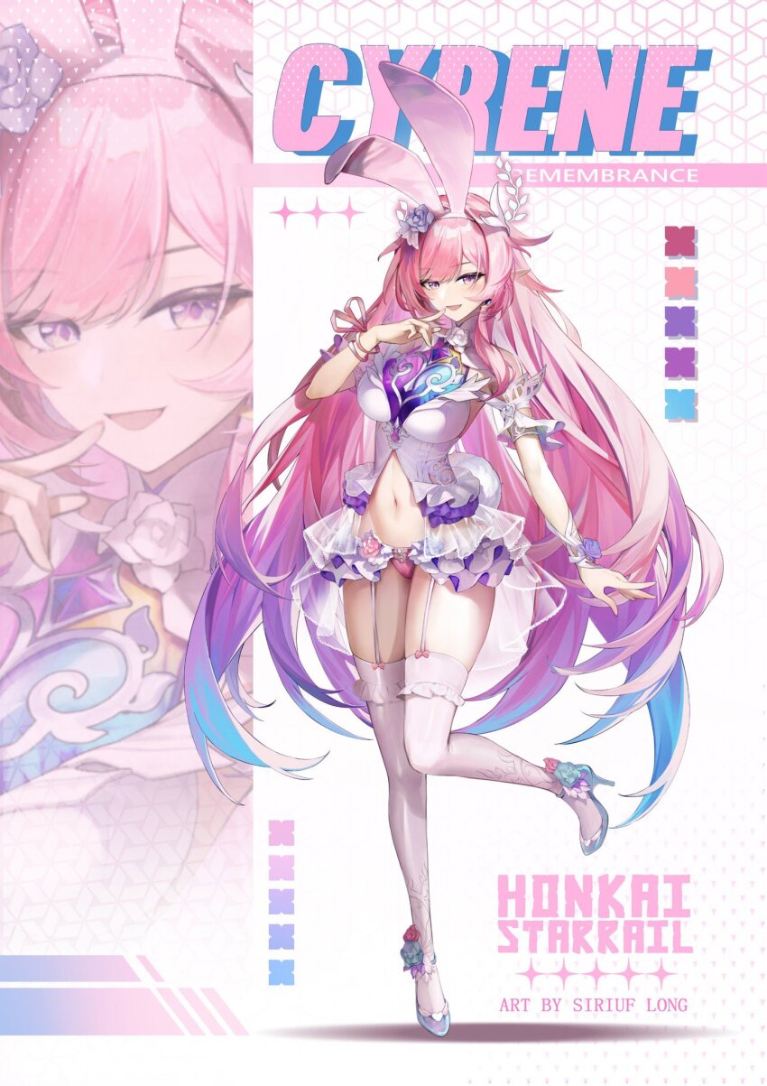 1girl animal_ears aqua_eyes breasts character_name commentary cyrene_(honkai:_star_rail) cyrene_(ripples_of_past_reverie)_(honkai:_star_rail) dress english_commentary fake_animal_ears garter_straps high_heels highres honkai:_star_rail honkai_(series) large_breasts long_hair navel panties pink_hair pink_panties purple_eyes rabbit_ears siriuflong solo thighhighs thighs underwear very_long_hair white_dress white_garter_straps white_thighhighs zoom_layer