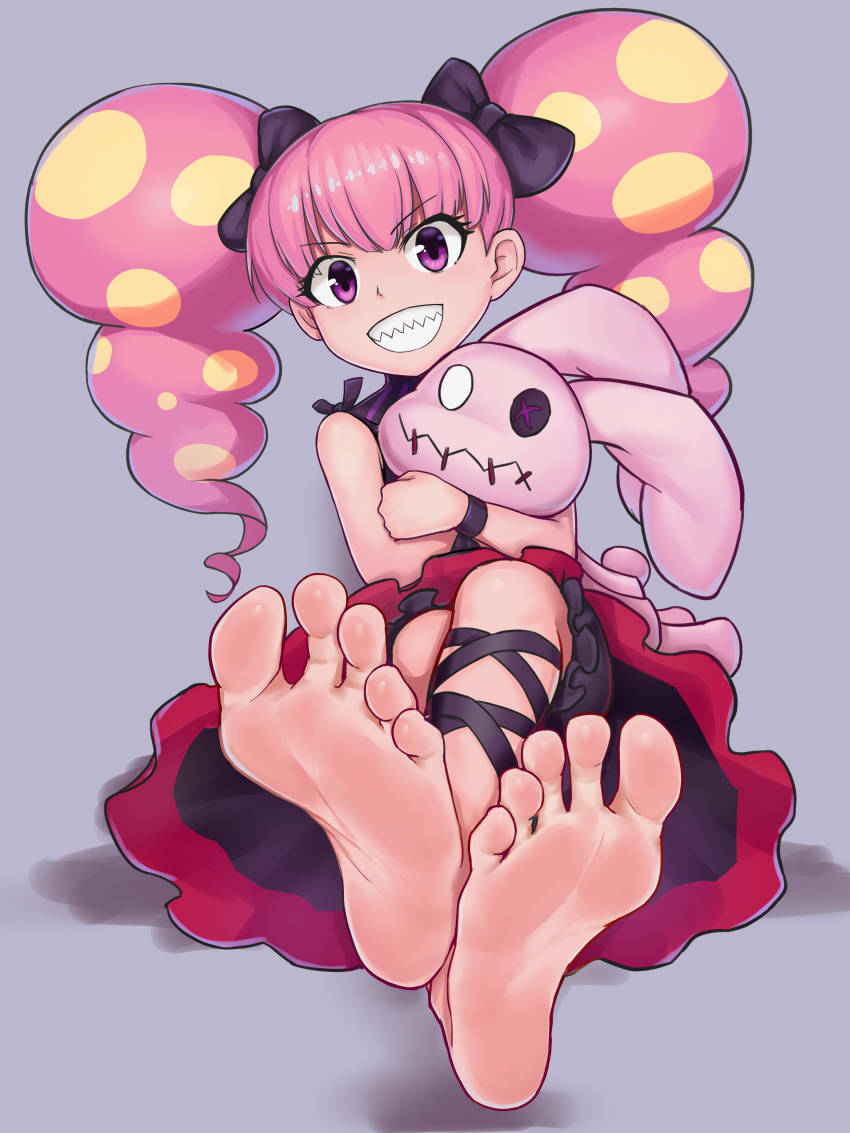 1girl absurdres aomoro armband bad_id bad_pixiv_id bakugan bakugan:_battle_planet barefoot blonde_hair blush bow child china_riot clenched_teeth crossed_legs doll dress evil_grin evil_smile eyebrows eyelashes feet foot_focus greek_toe grey_background grin highres holding hugging_doll hugging_object leg_wrap legs long_hair looking_at_viewer multicolored_dress multicolored_hair pink_hair pov purple_eyes sharp_teeth short_twintails simple_background sitting smile soles solo stuffed_animal stuffed_rabbit stuffed_toy teasing teeth toes toy twintails wristband