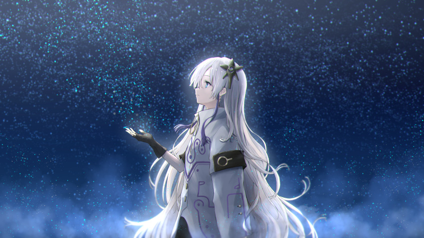 1girl anyotete asymmetrical_sleeves black_gloves blue_eyes cevio coat expressionless fingerless_gloves gloves hair_ornament hair_over_one_eye high_collar highres kamitsubaki_studio long_hair multicolored_hair outdoors outstretched_arm profile purple_hair sekai_(cevio) single_fingerless_glove single_glove sky solo star_(sky) starry_sky two-tone_hair upper_body very_long_hair wavy_hair white_coat white_hair