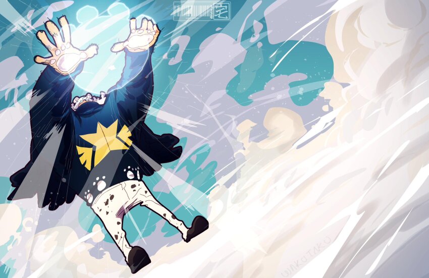 1boy black_shoes black_wings commentary full_body glasses hat highres incoming_attack long_sleeves male_focus one_piece pants s-bear seraphim_(one_piece) shoes solo taku_(aywakutakuay) white_hair white_pants wings