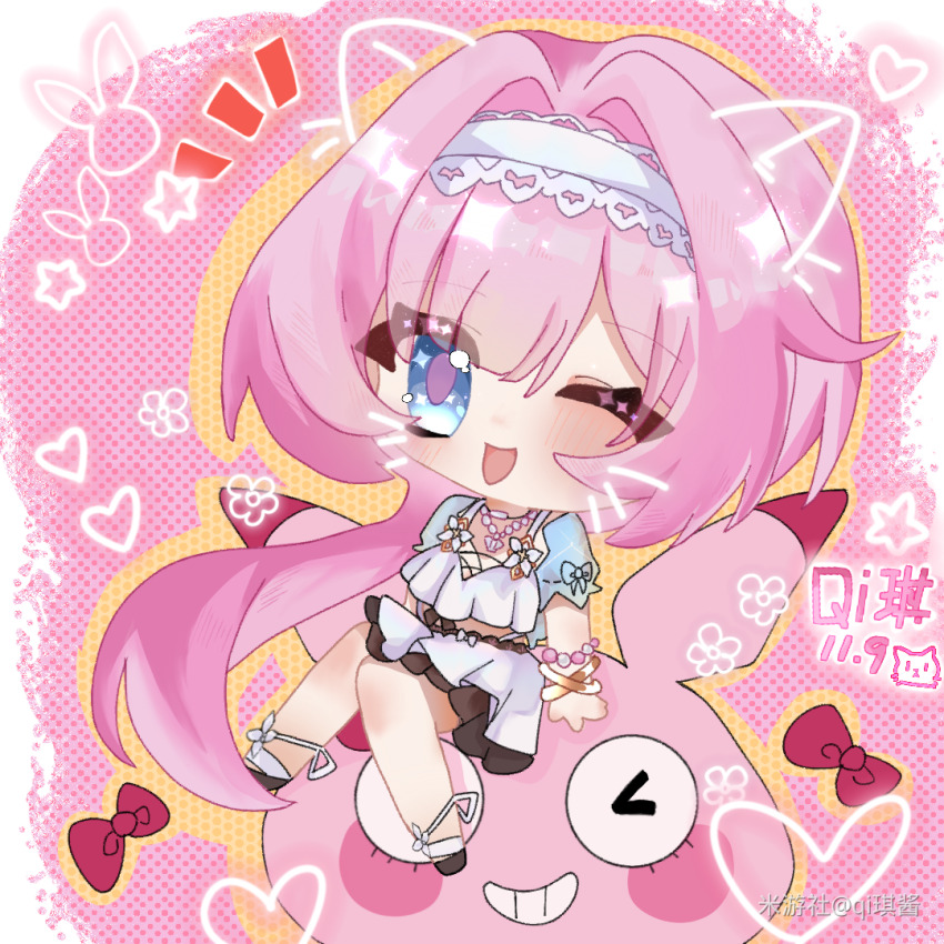 1girl animal_ears bare_legs bikini blue_eyes cat_ears chibi chibi_only crossed_legs dated elysia_(honkai_impact) elysia_(miss_pink_elf)_(honkai_impact) elysia_(summer_miss_elf)_(honkai_impact) fake_animal_ears fake_whiskers hairband heart homei_(honkai_impact) honkai_(series) honkai_impact_3rd long_hair official_alternate_costume one_eye_closed open_mouth pink_background pink_hair qi_jiang smile swimsuit white_bikini white_hairband