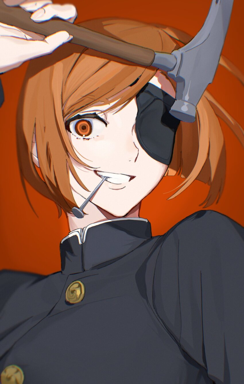 1girl brown_eyes brown_hair claw_hammer commentary_request eyepatch hammer high_collar highres holding holding_hammer holding_nail ipopopo_ipoppo jacket jujutsu_kaisen jujutsu_tech_uniform kugisaki_nobara looking_at_viewer nail nail_(hardware) school_uniform short_hair simple_background smile solo swept_bangs