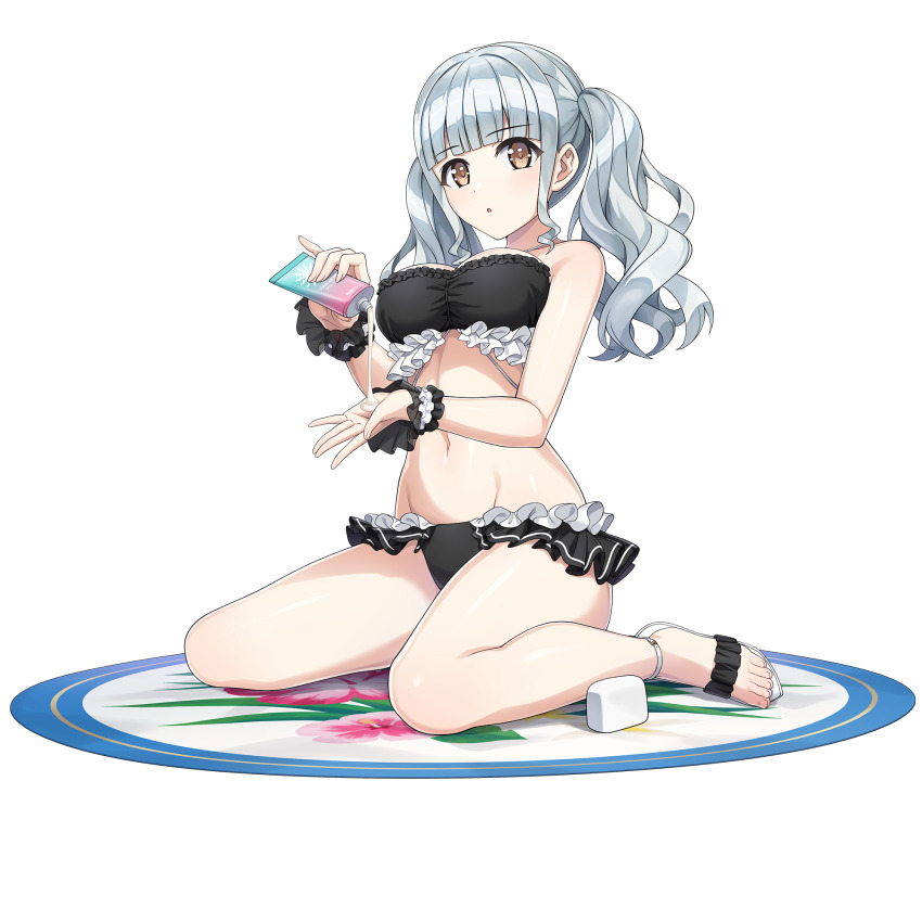 1girl :o applying_sunscreen bikini black_bikini blush breasts brown_eyes cleavage dolphin_wave frilled_bikini frills game_cg grey_hair highres long_hair looking_at_viewer maid maid_bikini medium_breasts nagato_mei non-web_source ootomo_takuji pouring pouring_onto_self sandals scrunchie sitting stomach swimsuit towel twintails unconventional_maid wariza wavy_hair wrist_scrunchie