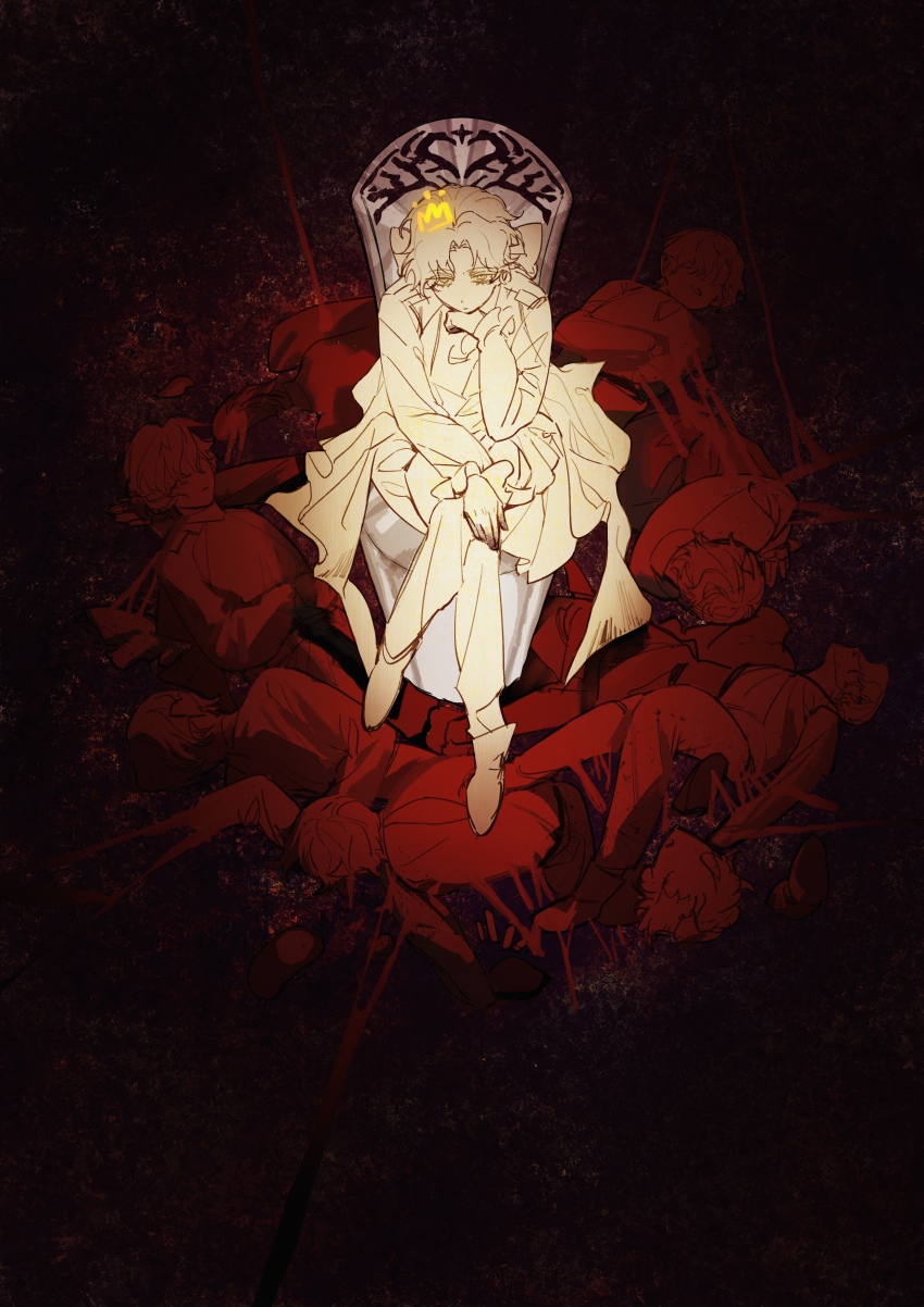 absurdres alien_stage commentary crossed_legs crown drawn_crown english_commentary from_above head_rest highres limited_palette long_sleeves looking_at_viewer luka_(alien_stage) male_focus mini_crown pants pile_of_corpses short_hair sitting sitting_on_throne yuya_reyuya