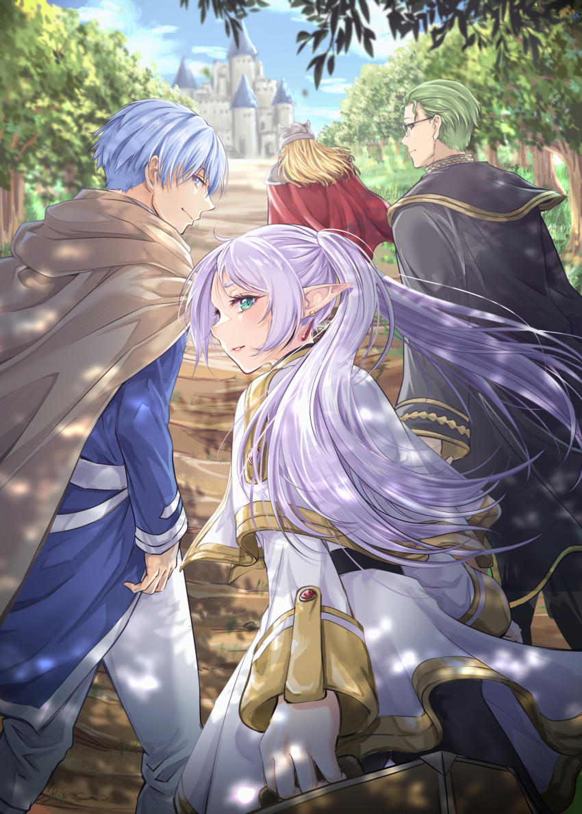 1girl 3boys absurdres black_coat blue_eyes blue_hair cape castle coat dress earrings eisen_(sousou_no_frieren) elf frieren from_behind glasses green_hair grey_cape heiter helmet highres himmel_(sousou_no_frieren) jewelry kirin_13 long_hair long_sleeves looking_at_viewer looking_back multiple_boys outdoors pointy_ears profile red_cape short_hair sousou_no_frieren stairs stone_stairs twintails white_dress white_hair