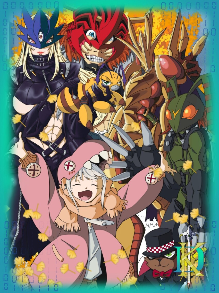 atlurkabuterimon atlurkabuterimon_(red) beelstarmon belt breasts digimon funbeemon grademon highres large_breasts long_hair mask original stingmon third_eye underboob