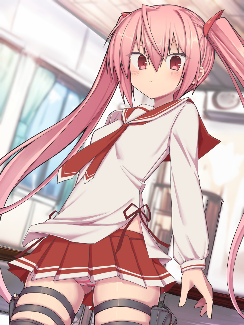 1girl absurdres blush bookshelf breasts closed_mouth commentary hair_between_eyes hidan_no_aria highres holster indoors kanzaki_h._aria konnyakugozen paid_reward_available panties pink_hair pleated_skirt red_eyes red_skirt school_uniform serafuku skirt small_breasts striped_clothes striped_panties thigh_holster thigh_strap twintails underwear window