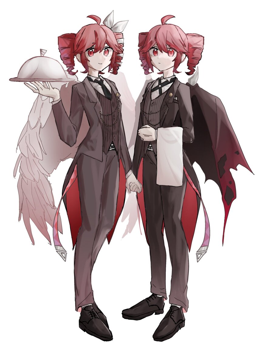 2girls ahoge alternate_costume arm_at_side black_jacket black_necktie black_pants black_shirt black_suit black_wings bow butler commentary_request demon_wings drill_hair dual_persona female_butler formal_clothes full_body gloves hair_between_eyes hair_bow hair_ribbon highres holding holding_tray jacket kasane_teto kasane_teto_(sv) multiple_girls necktie pants red_eyes red_hair red_wings ribbon shirt standing suit suit_jacket synthesizer_v towel towel_on_arm tray twin_drills utau uwa_illust_v16v white_bow white_gloves white_ribbon white_wings wings