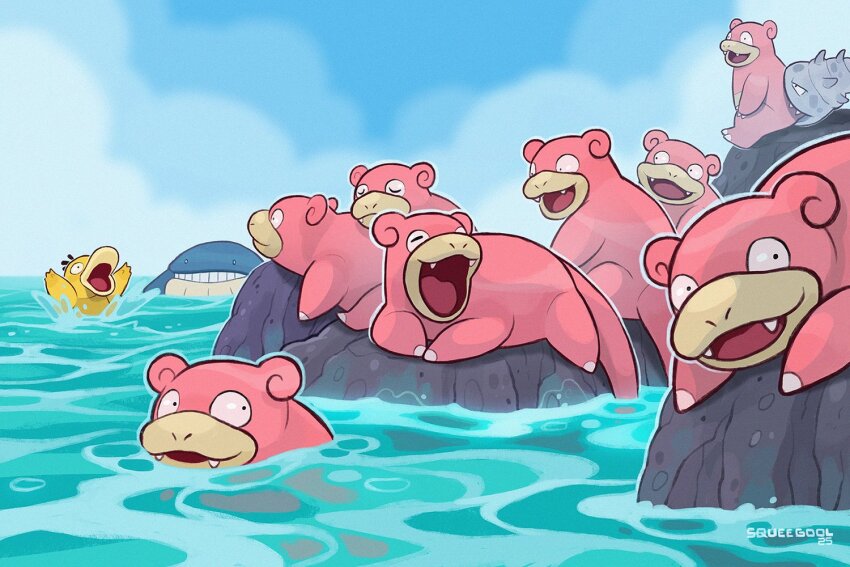 animal_focus bird blue_sky closed_eyes closed_mouth cloud duck fangs gen_1_pokemon nintendo no_humans ocean open_mouth outdoors pokemon pokemon_(creature) pokemon_focus psyduck rock sky slowbro slowpoke smile squeegool tail teeth water whale yawning