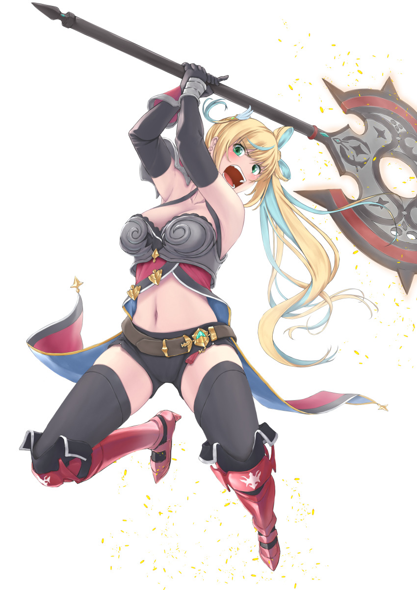1girl absurdres aqua_hair armor axe battle battle_axe belt belt_buckle black_gloves black_shorts blonde_hair blush boots bow-shaped_hair breasts buckle cleavage collarbone curvy double-sided_axe elbow_gloves fighting_stance full_body gloves green_eyes hair_ornament highres holding holding_axe holding_weapon jumping large_breasts long_hair multicolored_hair nijisanji oota_tomoki open_mouth pauldrons shorts shoulder_armor side_ponytail single_pauldron single_vambrace solo streaked_hair tachitsute_toto tachitsute_toto_(1st_costume) thighs vambraces virtual_youtuber weapon white_background wing_hair_ornament
