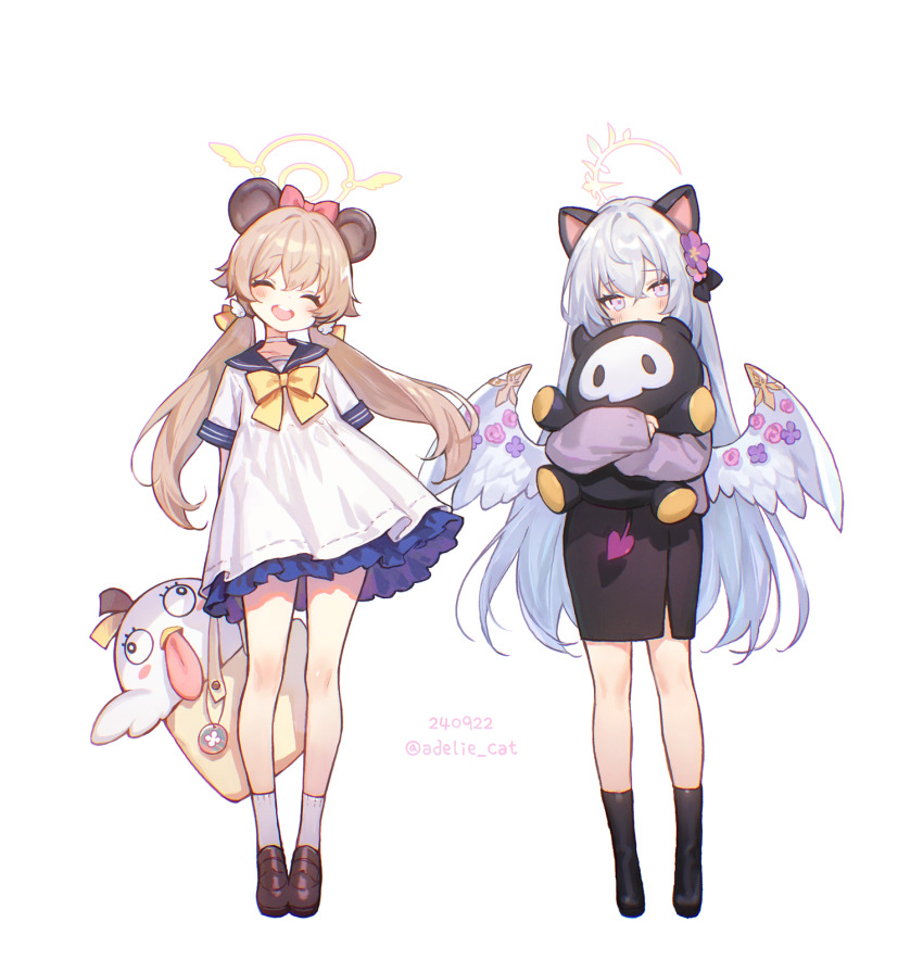 2girls ^_^ adelie_cat alternate_costume animal_ears artist_name azusa_(blue_archive) bag bear_ears black_shoes black_skirt black_socks blonde_hair blue_archive blue_sailor_collar cat_ears closed_eyes dated dress fake_animal_ears feathered_wings full_body grey_hair hair_between_eyes hair_ornament halo hifumi_(blue_archive) highres holding holding_bag hugging_doll hugging_object looking_at_viewer low_twintails low_wings multiple_girls open_mouth peroro_(blue_archive) purple_eyes sailor_collar sailor_dress shoes simple_background skirt skullman_(blue_archive) smile socks standing stuffed_animal stuffed_bird stuffed_toy twintails white_background white_dress white_socks white_wings wing_hair_ornament wing_ornament winged_halo wings yellow_halo