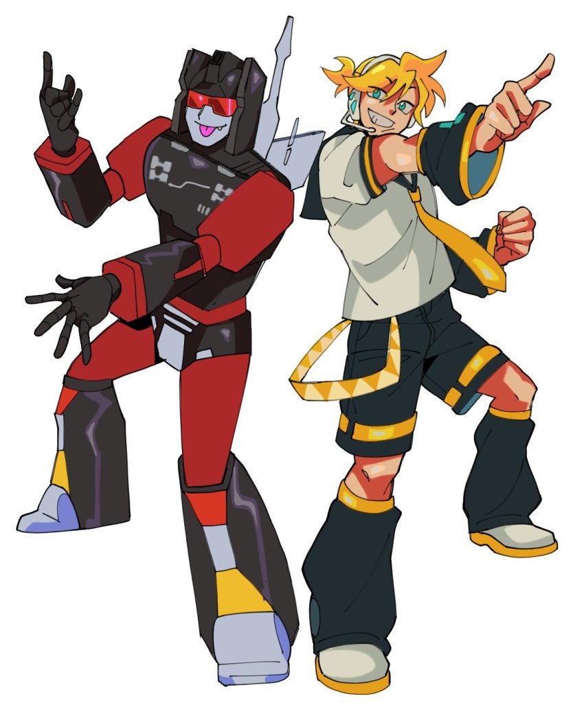 2boys belt black_shorts blonde_hair commentary crossover decepticon detached_sleeves english_commentary fang fang_out head_tilt highres kagamine_len looking_at_viewer m/ male_focus mecha multiple_boys necktie nya_zuline pointing robot rumble_(transformers) sailor_collar shirt shoes shorts sneakers tongue tongue_out trait_connection transformers tube_socks vocaloid white_background white_footwear white_shirt yellow_belt yellow_necktie
