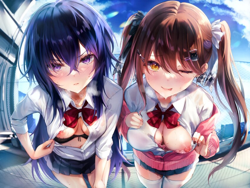 2girls blush bow bowtie breasts brown_hair cardigan hair_ornament hairclip highres large_breasts long_hair looking_at_viewer multiple_girls nipples one_eye_closed open_clothes open_shirt original outdoors pink_cardigan purple_eyes puru_(ex-150) red_bow red_bowtie school_uniform shirt skirt sky small_breasts sweat thighhighs twintails white_shirt white_thighhighs yellow_eyes