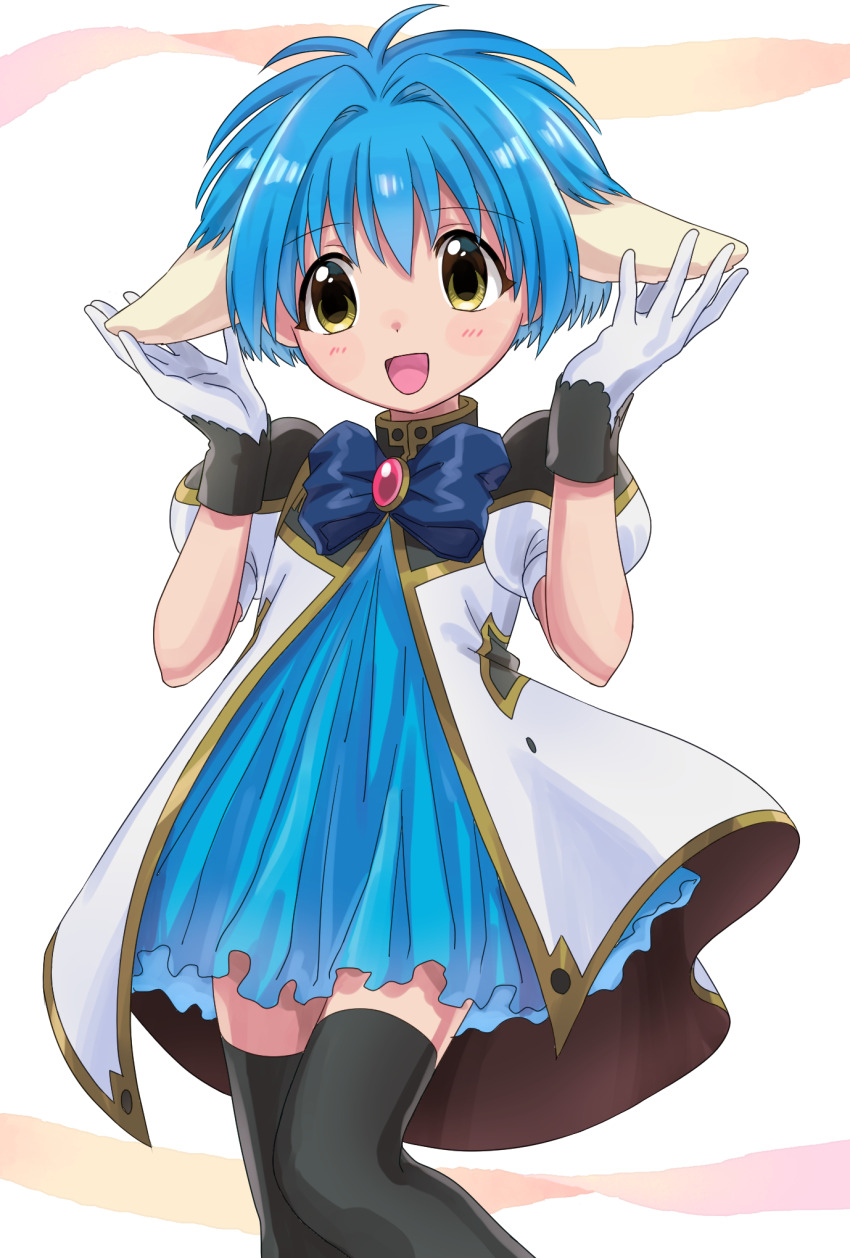 1girl angel_wing_uniform animal_ears black_thighhighs blue_bow blue_bowtie blue_dress blue_hair blush bow bowtie brooch commentary_request dress galaxy_angel gloves hair_intakes highres jacket jewelry kitaru military military_uniform mint_blancmanche open_mouth pleated_dress puffy_short_sleeves puffy_sleeves rabbit_ears short_hair short_sleeves smile solo thighhighs white_background white_gloves white_jacket yellow_eyes