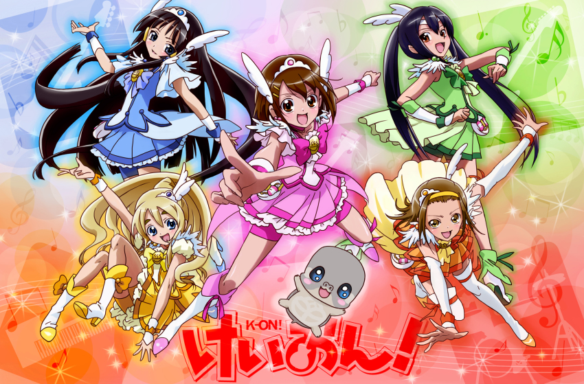5girls akiyama_mio arm_up arm_warmers armpits bike_shorts black_hair blonde_hair blue_dress blue_eyes blue_skirt boots bow brown_eyes brown_hair copyright_name cosplay creature crossover cure_beauty cure_beauty_(cosplay) cure_happy cure_happy_(cosplay) cure_march cure_march_(cosplay) cure_peace cure_peace_(cosplay) cure_sunny cure_sunny_(cosplay) dantyo0 detached_sleeves dress earrings fingerless_gloves gloves green_dress green_shorts green_skirt hair_tubes head_wings highres hirasawa_yui ho-kago_tea_time jewelry k-on! knee_boots kotobuki_tsumugi long_hair magical_girl mascot multiple_girls musical_note nakano_azusa open_mouth orange_dress orange_skirt outstretched_hand pink_dress pink_shorts pink_skirt ponytail precure ribbon shirt short_hair shorts shorts_under_skirt skirt smile_precure! source_request tainaka_ritsu thigh_boots thighhighs tiara ton-chan turtle twintails very_long_hair wings wrist_cuffs yellow_bow yellow_dress yellow_eyes yellow_shorts yellow_skirt