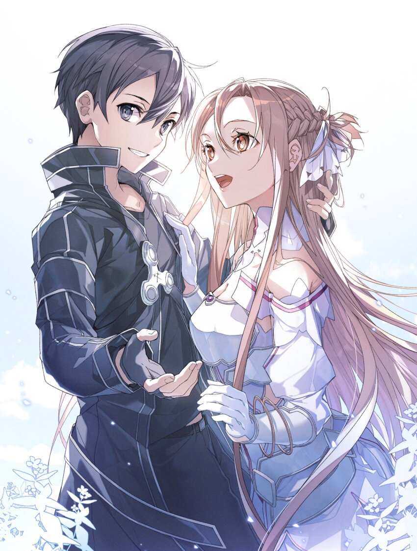 1boy 1girl absurdres armor asuna_(sao) asuna_(stacia)_(sao) black_eyes black_gloves black_hair braid breastplate brown_eyes brown_hair detached_sleeves fingerless_gloves gloves hair_between_eyes hair_ribbon half_up_half_down_braid highres kirito long_hair outstretched_hand ribbon short_hair simple_background smile sword_art_online sword_art_online:_alicization very_long_hair white_armor white_background white_gloves white_ribbon yoru_kiri