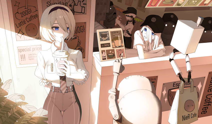 1boy 2b_(nier:automata) 2girls 9s_(nier:automata) a2_(nier:automata) absurdres bag belt black_belt black_hairband black_pants cafe commentary cup disposable_coffee_cup disposable_cup drinking_straw frilled_shirt frills hairband high-waist_pants highres holding holding_bag long_hair menu_board multiple_girls nier:automata nier_(series) pants pod_(nier:automata) poster_(object) robot shirt short_hair standing white_hair white_shirt whiteeplcoud