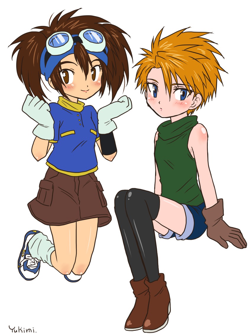 2girls blonde_hair blue_eyes blush boots breasts brown_eyes brown_hair digimon gender_request genderswap gloves goggles highres ishida_yamato multiple_girls shorts simple_background skirt small_breasts thighhighs twintails yagami_taichi yukimi_(kurumi-no-naruki)