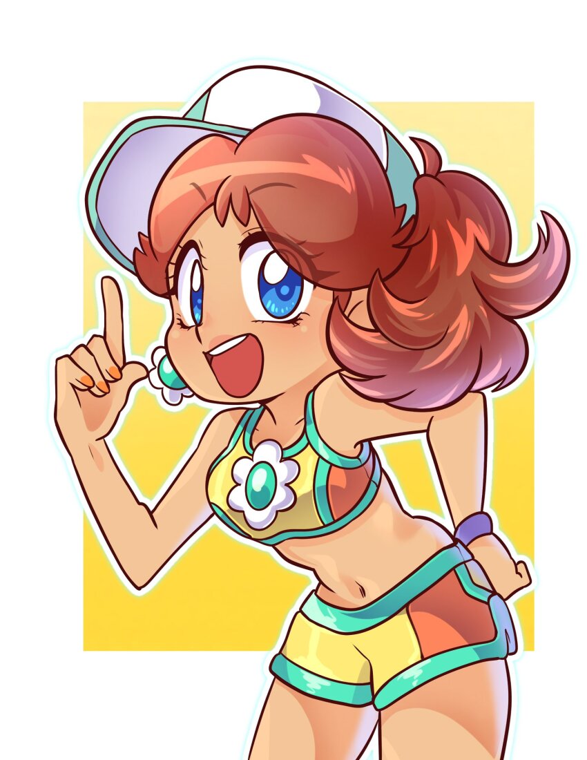 1girl blue_eyes bracelet brown_hair carolinerdraws earrings flower_earrings hand_on_own_hip hat highres jewelry looking_at_viewer mario_(series) mario_kart mario_kart_world navel nintendo official_alternate_costume open_mouth princess_daisy princess_daisy_(swimwear)_(mario_kart_world) shorts solo sports_bra teeth upper_teeth_only white_hat yellow_shorts yellow_sports_bra