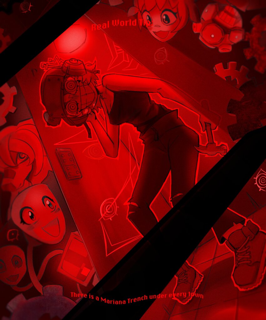 1girl absurdres bare_shoulders breasts c&#039;venash_vishneri cleavage commentary crazy_eyes crazy_smile creature door english_commentary english_text gears hair_between_eyes hammer helmet highres holding holding_hammer horror_(theme) isluuud looking_at_viewer open_door outline pants psychopomp_(game) red_theme shirt short_hair sleeveless sleeveless_shirt smile teeth television zipper