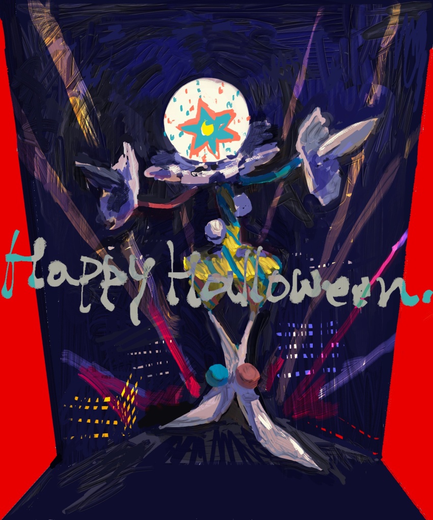 1other blacephalon cityscape colored_skin full_body gen_7_pokemon happy_halloween highres looking_at_viewer nintendo outdoors outstretched_arms pleo pokemon pokemon_(creature) polka_dot pom_pom_(clothes) solo standing striped_clothes ultra_beast white_skin