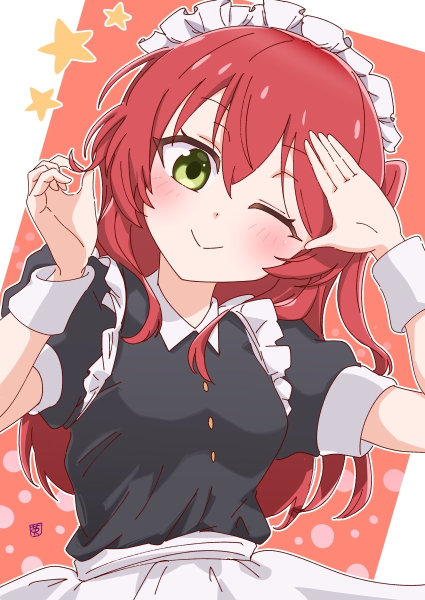 1girl ;&gt; absurdres alternate_costume apron black_dress blush bocchi_the_rock! breasts circle closed_mouth collar contrast_collar dress dutch_angle enmaided green_eyes hair_between_eyes hands_up highres illustratorhide kita_ikuyo long_hair maid maid_headdress one_side_up open_hand original puffy_short_sleeves puffy_sleeves red_background red_hair short_sleeves simple_background small_breasts solo star_(symbol) tareme upper_body waist_apron white_collar white_wrist_cuffs wrist_cuffs