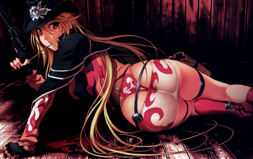 1girl arm_support ass blonde_hair cowboy_hat cowboy_western donne_anonime female_focus fingerless_gloves gloves gun handgun hat highres legs long_hair nishii_(damnedrive) nitroplus red_eyes revolver skirt solo thigh_strap thighs trigger_discipline weapon zoku_satsuriku_no_django