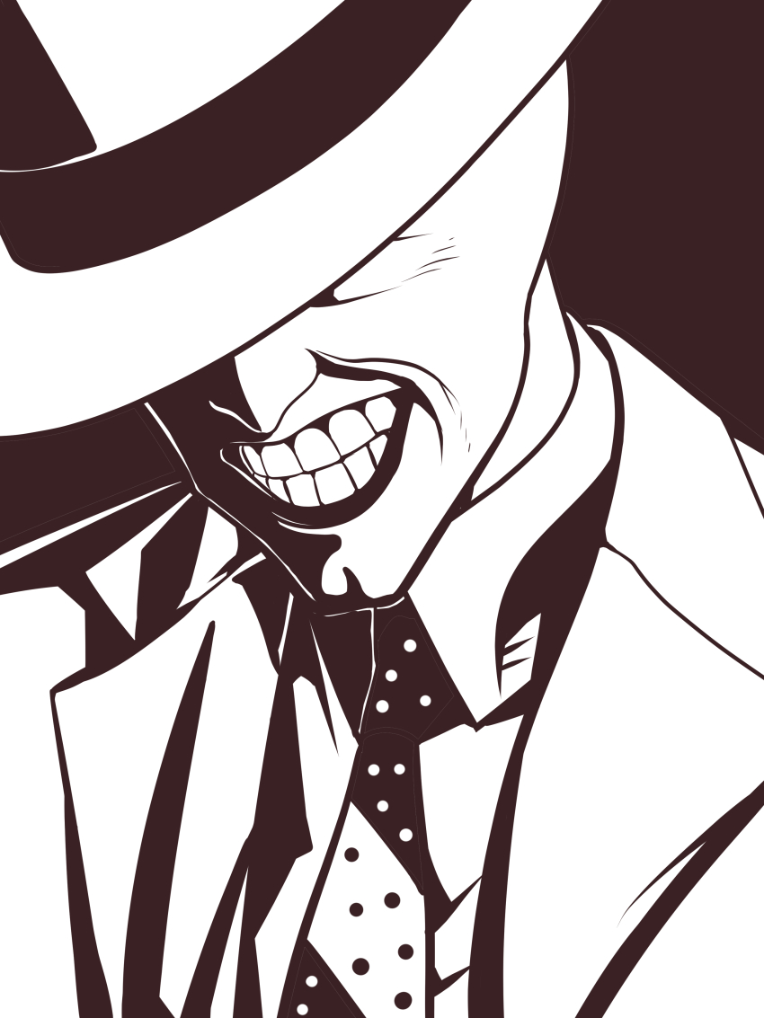 1boy absurdres assha_(schector) brown_theme coat collared_shirt commentary_request fedora grin hat hat_over_eyes high_contrast highres jim_carrey male_focus monochrome necktie polka_dot_necktie shirt simple_background smile solo stanley_ipkiss the_mask the_mask_(character) upper_body warner_bros