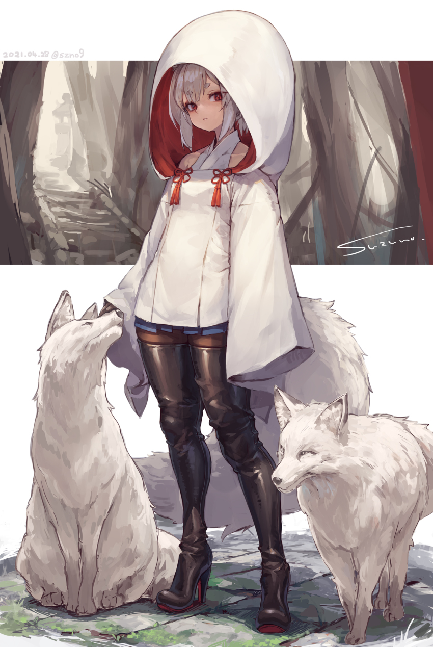 1girl animal black_boots black_thighhighs boots commentary dated eyes_visible_through_hair flower_knot fox fox_tail full_body high_heel_boots high_heels highres hood hood_up long_sleeves looking_at_viewer original pantyhose red_eyes short_eyebrows short_hair signature silver_hair sleeves_past_fingers sleeves_past_wrists solo standing suzuno_(bookshelf) symbol-only_commentary tail tassel thick_eyebrows thigh_boots thighhighs twitter_username