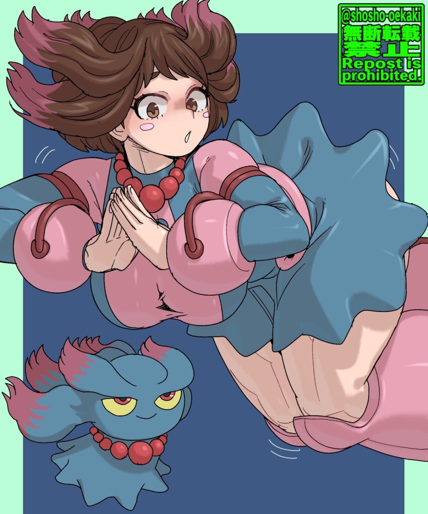 1girl adapted_costume blush_stickers bodysuit boku_no_hero_academia brown_eyes brown_hair gen_2_pokemon highres matching_hair/eyes misdreavus multicolored_bodysuit multicolored_hair nintendo pink_bodysuit pink_hair pokemon short_hair shosho_oekaki two-tone_hair uraraka_ochako