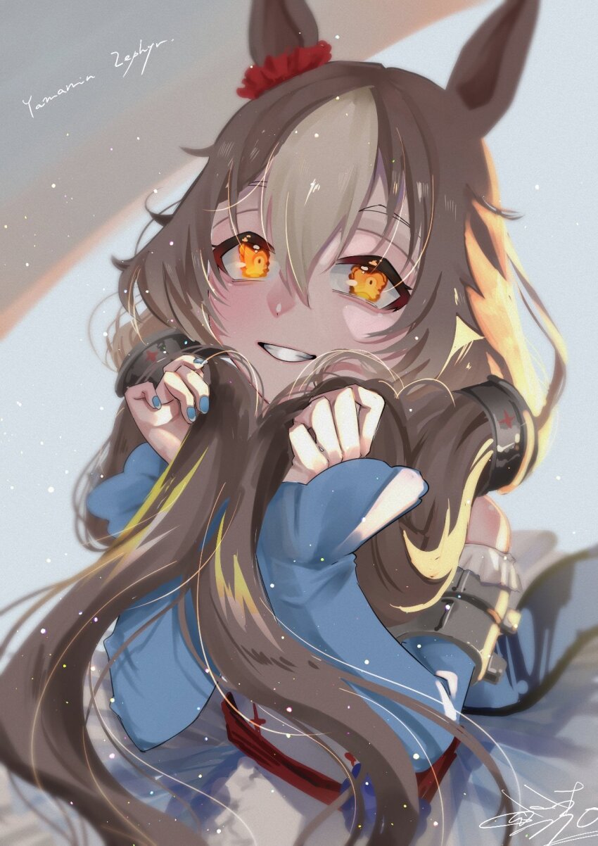 1girl animal_ears blue_dress blue_nails blurry brown_hair bunching_hair character_name depth_of_field dress ear_scrunchie grin hair_between_eyes hands_up highres horse_ears long_hair long_sleeves looking_at_viewer orange_eyes smile solo tsukasa_(avdx5538) twitter_username umamusume upper_body yamanin_zephyr_(umamusume)