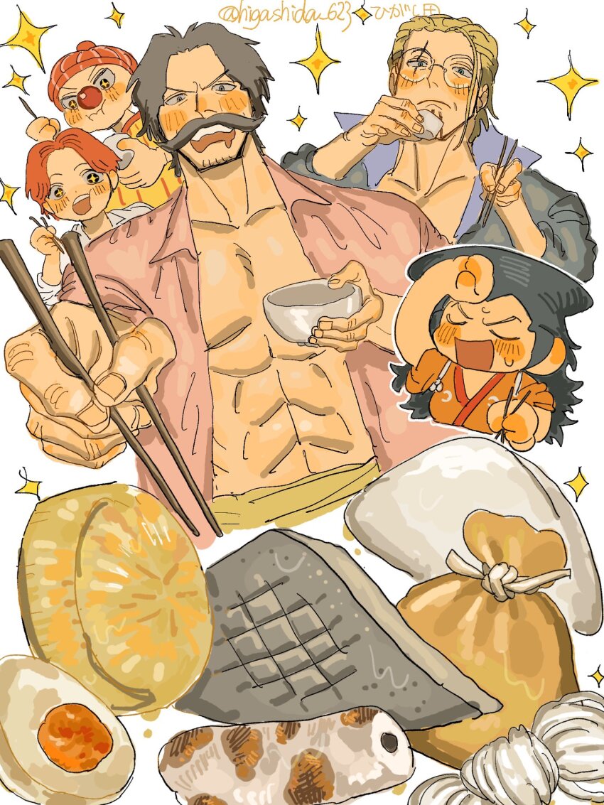 5boys abs black_hair blonde_hair blush buggy_the_clown chopsticks commentary eating facial_hair food glasses gol_d._roger hair_slicked_back higashida_623 highres holding holding_chopsticks japanese_clothes kimono kouzuki_oden long_hair multiple_boys mustache oden one_piece orange_kimono pink_shirt red_nose scar scar_across_eye scar_on_face shanks_(one_piece) shirt short_hair silvers_rayleigh simple_background sparkle symbol-only_commentary twitter_username white_background