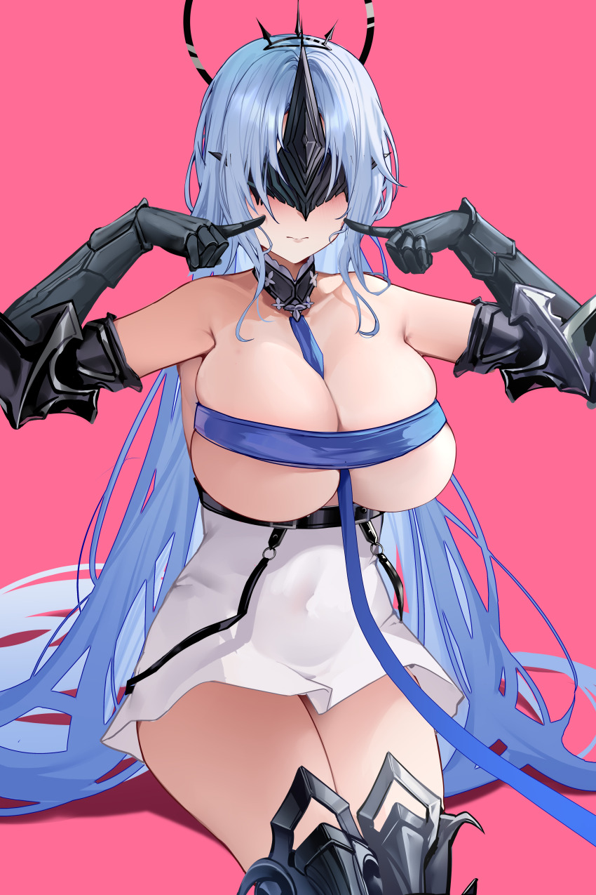 1girl absurdres alsace_(azur_lane) azur_lane bare_shoulders black_gauntlets blush breast_strap breasts cleavage covered_navel detached_collar dress eye_mask highres large_breasts long_hair short_dress sijinni solo thighs white_dress