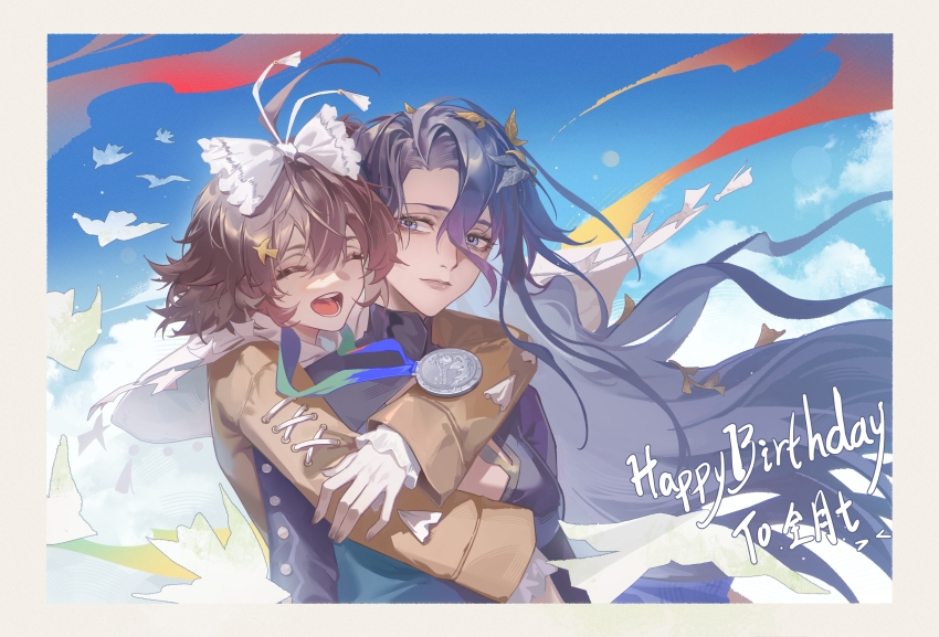 2girls ^_^ absurdres athletic_leotard behind_another black_hair blue_eyes blue_leotard blue_sky border bow brown_hair brown_jacket cape closed_eyes cloud cloudy_sky floating_hair flutterpage hair_between_eyes hair_bow happy_birthday highres hug hug_from_behind jacket leotard long_hair long_sleeves looking_at_another looking_to_the_side multiple_girls open_mouth relws reverse:1999 short_hair silver_medal simple_bird sky teeth tongue upper_body very_long_hair white_border white_bow white_cape willow_(reverse:1999)