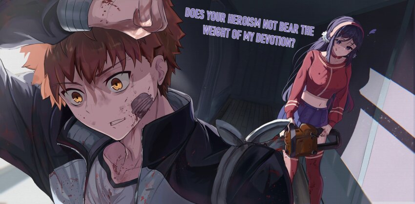 1boy 1girl blood blood_on_clothes blood_on_face blood_on_hands bloody_weapon blue_skirt ceiling_light chainsaw choker claw_hair_clip crazy crazy_eyes crazy_mita_(miside) crazy_smile crossover door emiya_shirou empty_eyes false_smile fate/stay_night fate_(series) fleeing flower_hairtie hairband hallway handle highres holding holding_chainsaw horrified horror_(theme) igote jealous low_twintails miside mita_(miside) multiple_crossover nervous_sweating oc_x_canon open_mouth orange_hair pull_cord red_choker red_shirt red_sweater red_thighhighs scared shaded_face shirt shokobr skirt smile surprised sweat sweater thighhighs trembling turn_pale twintails weapon wide-eyed yandere yandere_trance you_gonna_get_raped
