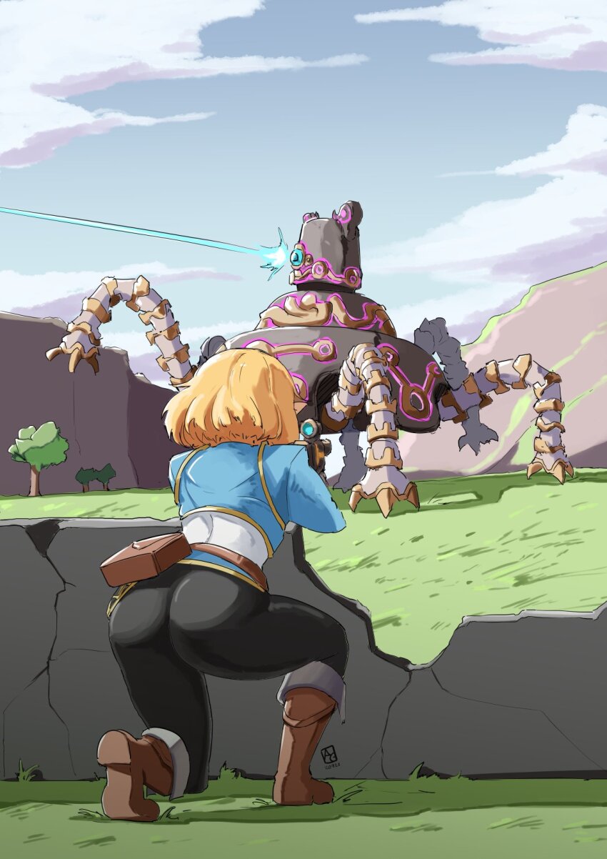1girl ass automatic_giraffe blonde_hair boots breasts brown_footwear commentary english_commentary from_behind goddess_of_victory:_nikke guardian_(zelda) gun highres mecha medium_breasts nintendo on_one_knee outdoors pants pointy_ears princess_zelda rifle robot shirt sniper_rifle the_legend_of_zelda the_legend_of_zelda:_breath_of_the_wild the_legend_of_zelda:_tears_of_the_kingdom tree weapon