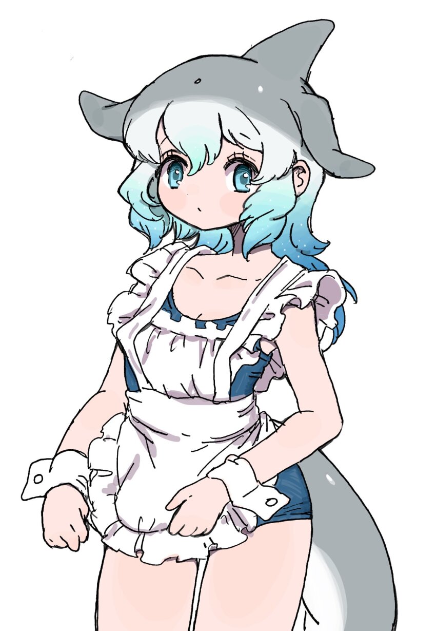 010mzam 1girl alternate_costume apron bare_shoulders blowhole blue_eyes blue_hair blue_one-piece_swimsuit blush cetacean_tail collarbone common_bottlenose_dolphin_(kemono_friends) cowboy_shot dorsal_fin enmaided fins fish_tail frilled_apron frills grey_hair hair_between_eyes head_fins highres kemono_friends long_hair looking_at_viewer maid maid_apron multicolored_hair one-piece_swimsuit school_uniform sidelocks sleeveless solo swimsuit tail white_hair wrist_cuffs