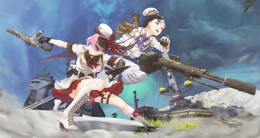 1boy 1girl absurdres apex_legends ascot assault_rifle black_choker black_hair black_shirt blue_ascot boots bow breasts brown_hair choker cloud collared_shirt dust energy_gun explosive floating_hair gloves grenade gun hair_bow highres holding holding_grenade holding_gun holding_knife holding_weapon hope&#039;s_dusk_(apex_legends) indie_virtual_youtuber iris_black_games jacket kamito_(vtuber) kercerberus knife kunai light_machine_gun machine_gun medium_breasts multicolored_hair open_mouth pants pink_hair r-301_carbine red_bow rifle running sand shirt sky storm_point_(apex_legends) tachibana_hinano_(2nd_costume) tachibana_hinano thigh_strap tower twintails two-tone_hair virtual_youtuber vspo! weapon white_footwear white_gloves white_hair white_headwear white_jacket white_pants x-55_devotion