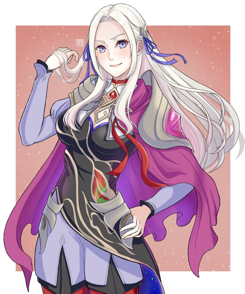 1girl arm_up border breasts cape closed_mouth commentary_request edelgard_von_hresvelg eyelashes fire_emblem fire_emblem_heroes gem hand_on_own_hip highres kousetu0506 large_breasts long_hair looking_at_viewer nintendo outside_border pink_cape pink_lips purple_eyes red_gemstone smile solo standing white_border white_hair