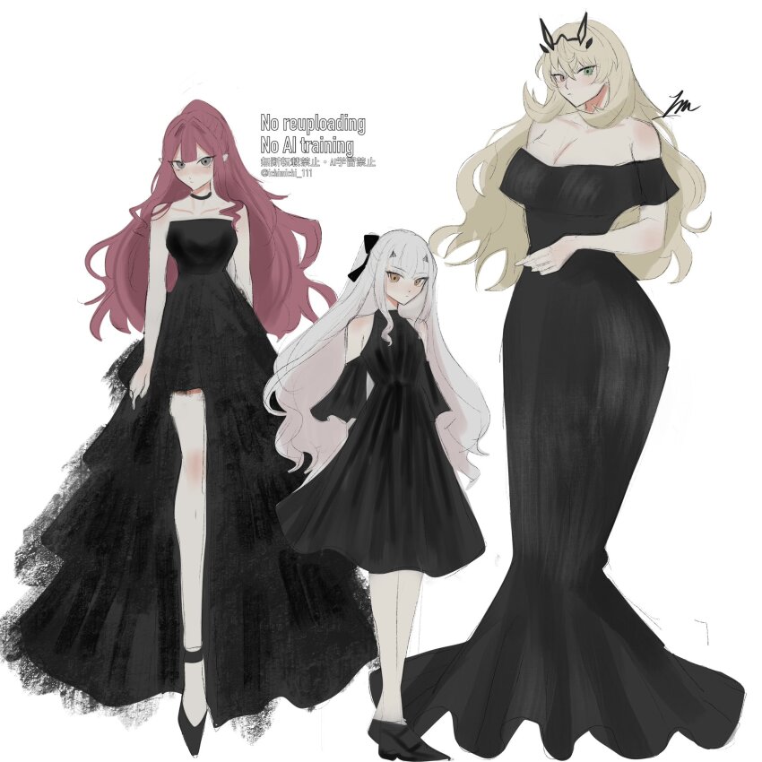 3girls baobhan_sith_(fate) bare_shoulders barghest_(fate) black_choker black_dress blonde_hair blush breasts choker cleavage dress faerie_knights_(fate) fate/grand_order fate_(series) green_eyes grey_eyes hair_ribbon heterochromia highres ichimichi_111 large_breasts long_hair looking_at_viewer medium_breasts melusine_(fate) multiple_girls pink_hair pointy_ears ponytail red_eyes ribbon sidelocks small_breasts white_background white_hair yellow_eyes