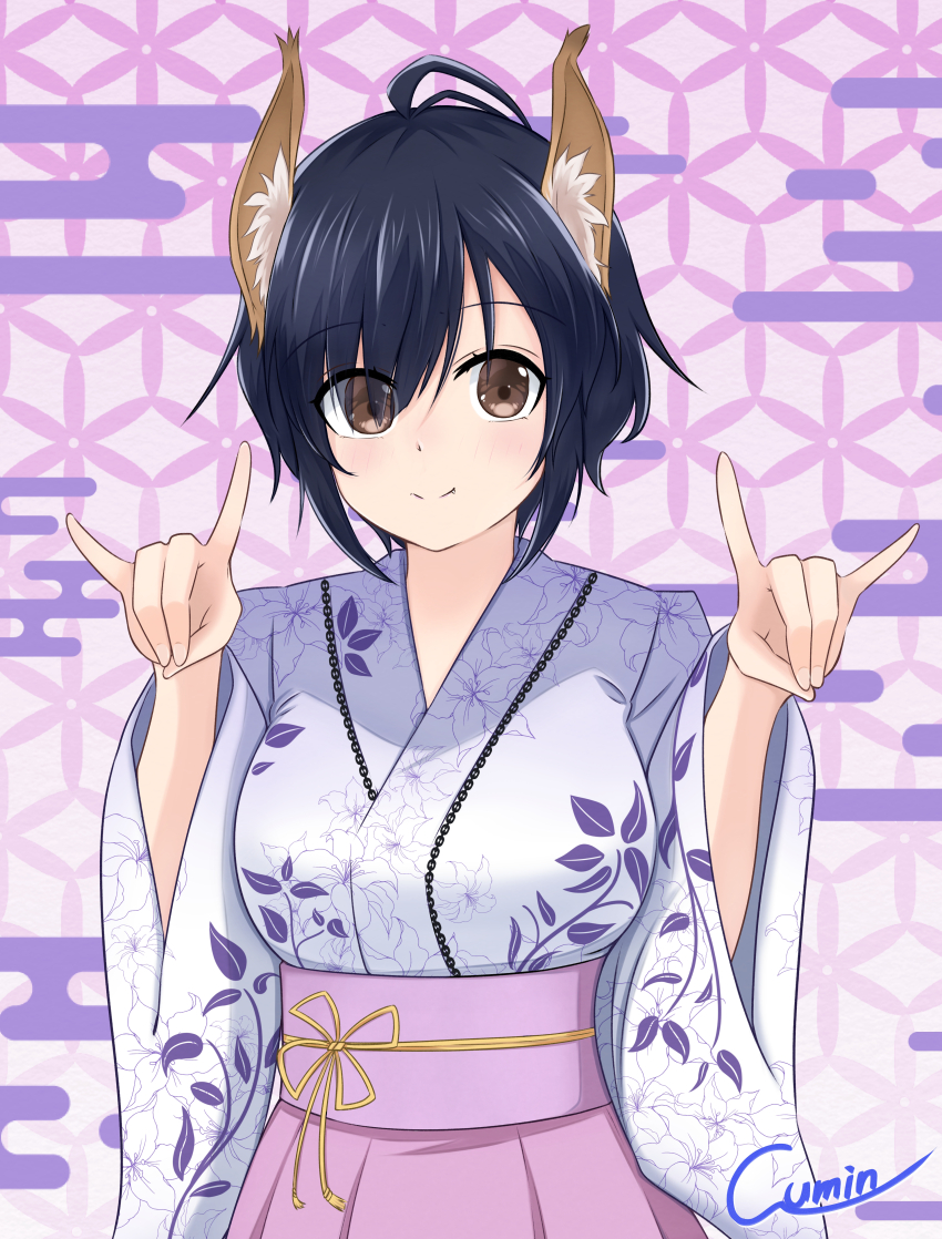 1girl 22/7 absurdres animal_ears artist_name blue_hair brown_eyes closed_mouth dark_blue_hair double_fox_shadow_puppet egasumi fake_animal_ears floral_print floral_print_kimono fox_ears fox_shadow_puppet highres looking_at_viewer print_kimono purple_skirt short_hair skirt smile solo takigawa_miu takumitu_711 upper_body