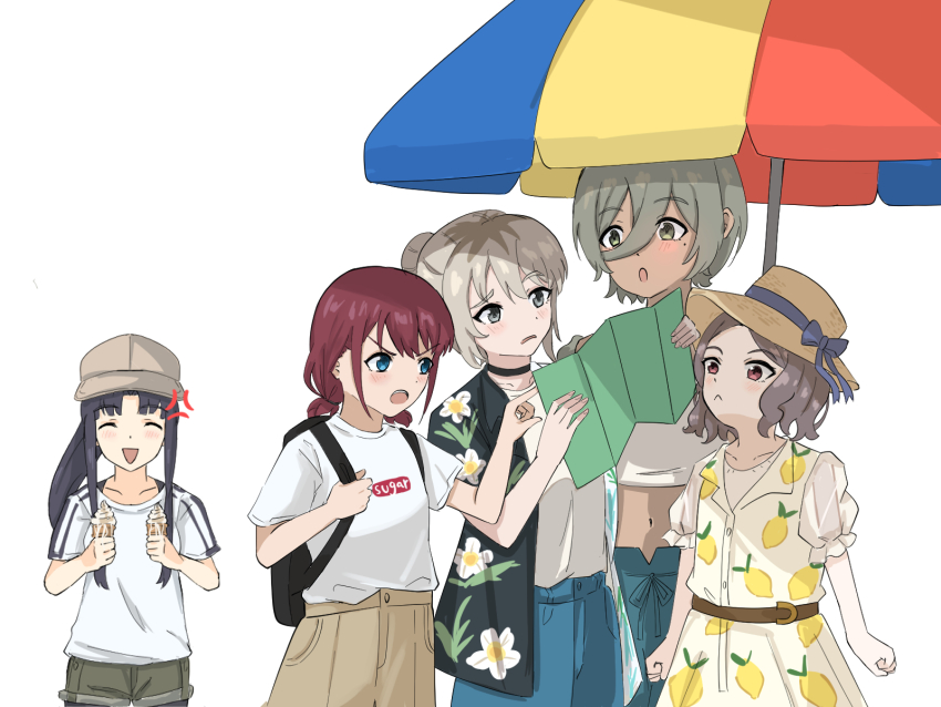 5girls anger_vein awa_subaru backpack bag black_bag black_choker black_pantyhose blue_eyes blue_shorts blush brown_hat brown_shorts choker commentary_request dress ebizuka_tomo food_print fruit_print girls_band_cry grey_hair hair_between_eyes hair_bun hat highres holding holding_ice_cream_cone holding_map ice_cream_cone iseri_nina jacket kawaragi_momoka lemon_print long_hair long_hair_between_eyes low_twintails map melting_ice_cream midriff mole mole_under_eye multicolored_hair multiple_girls navel open_clothes open_jacket open_mouth pantyhose pantyhose_under_shorts parasol ponytail red_hair roots_(hair) rupa_(girls_band_cry) sagittarius_(cruxhkg) shirt short_hair short_sleeves short_twintails shorts sidelocks single_hair_bun teeth togenashi_togeari twintails umbrella upper_teeth_only white_background white_dress white_shirt