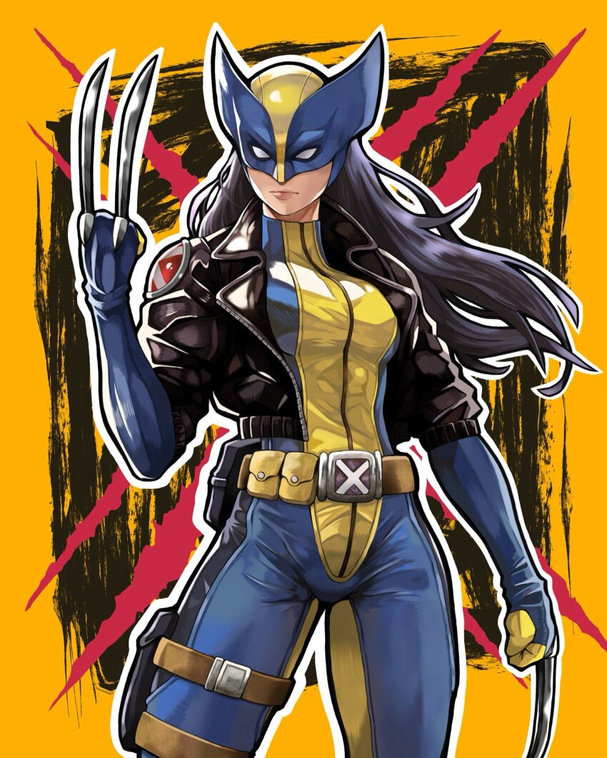 1girl animification black_hair bodysuit breasts claw_(weapon) claws cosplay highres laura_kinney long_hair looking_at_viewer marvel solo superhero_costume to-ru weapon wolverine_(x-men) wolverine_(x-men)_(cosplay) x-23 x-men yellow_bodysuit