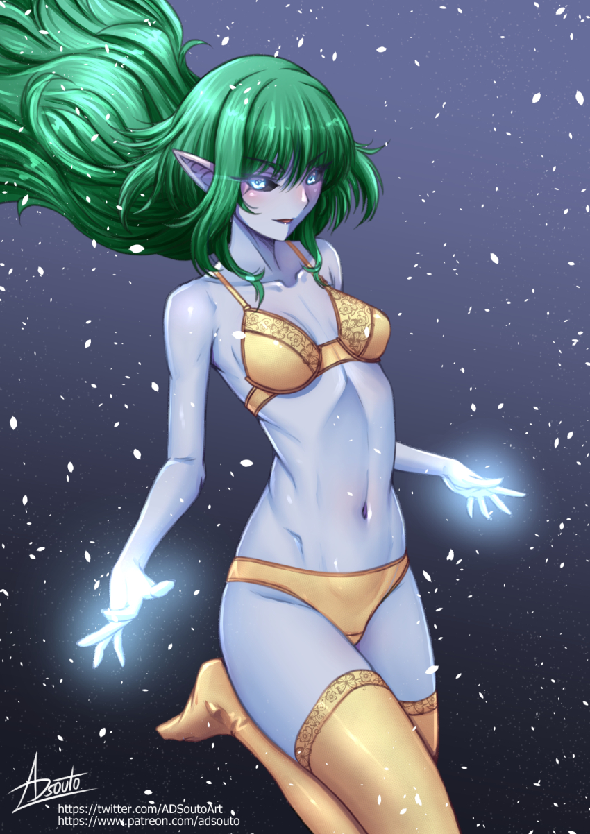 1girl adsouto black_sclera blue_eyes blue_skin bra breasts collarbone colored_sclera colored_skin final_fantasy glowing_hands green_hair highres looking_at_viewer navel panties pointy_ears shiva_(final_fantasy) signature small_breasts solo thighhighs underwear variant_set