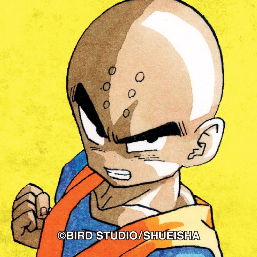1boy bald bald_male black_eyes dragon_ball highres kuririn looking_at_viewer muscular muscular_male official_art serious solo toriyama_akira