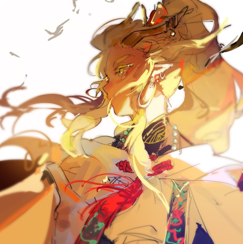 1boy bird bishounen blonde_hair bokyo earrings highres horns jewelry long_hair male_focus original pointy_ears ponytail simple_background sketch solo tassel tassel_earrings upper_body white_background yellow_eyes
